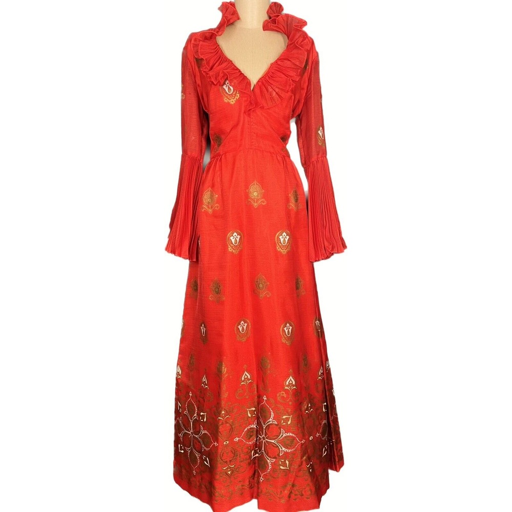 Vintage 70s Alfred Shaheen Red Bell Sleeve Ruffle Neck Gold Detail Maxi Dress 12